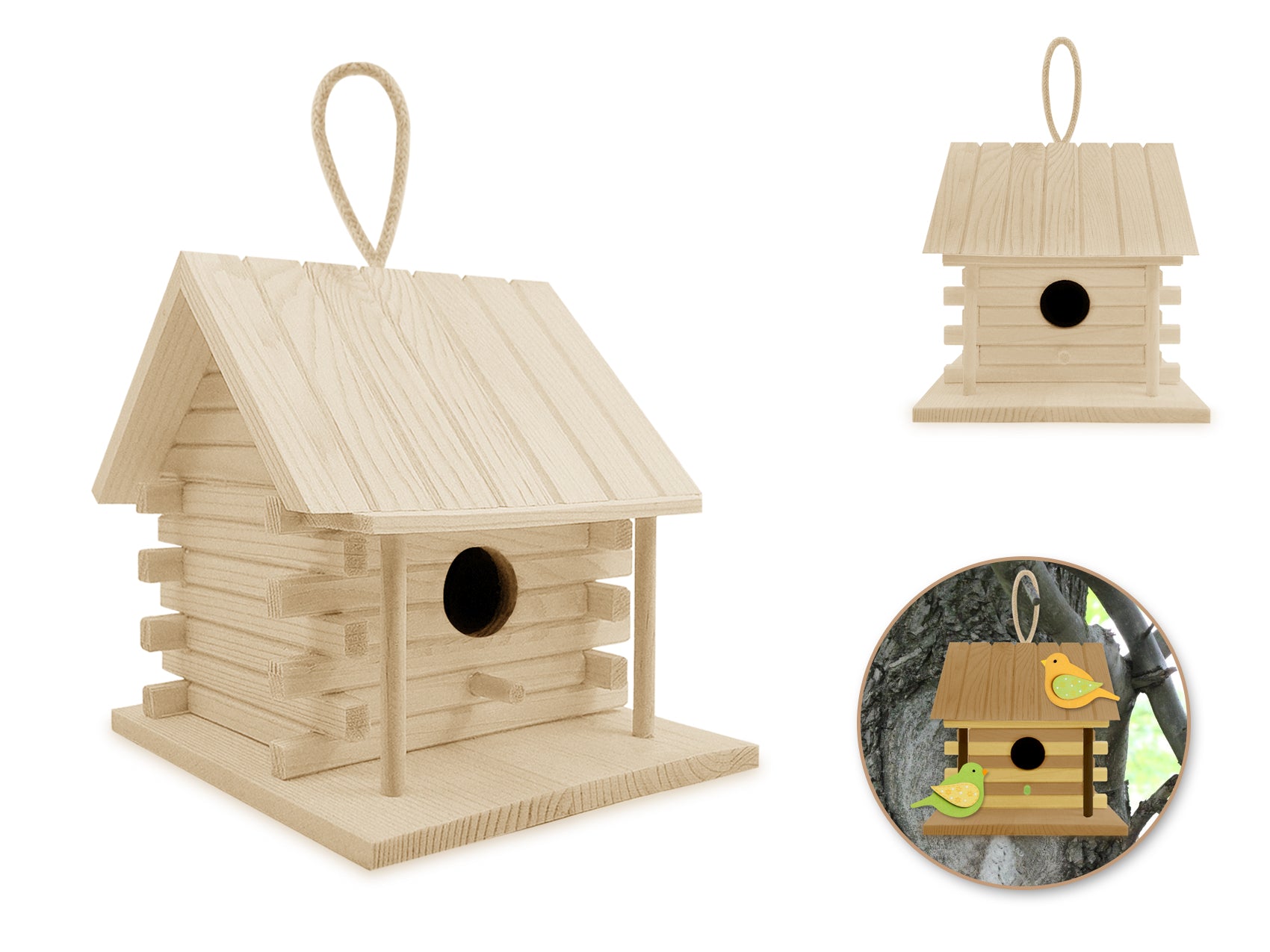 DIY Log Cabin Birdhouse with Jute Hanger