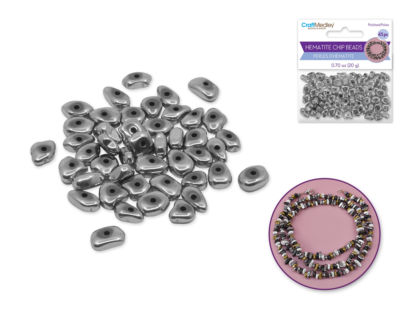 Polished Hematite Chip Beads, Silver, 20g