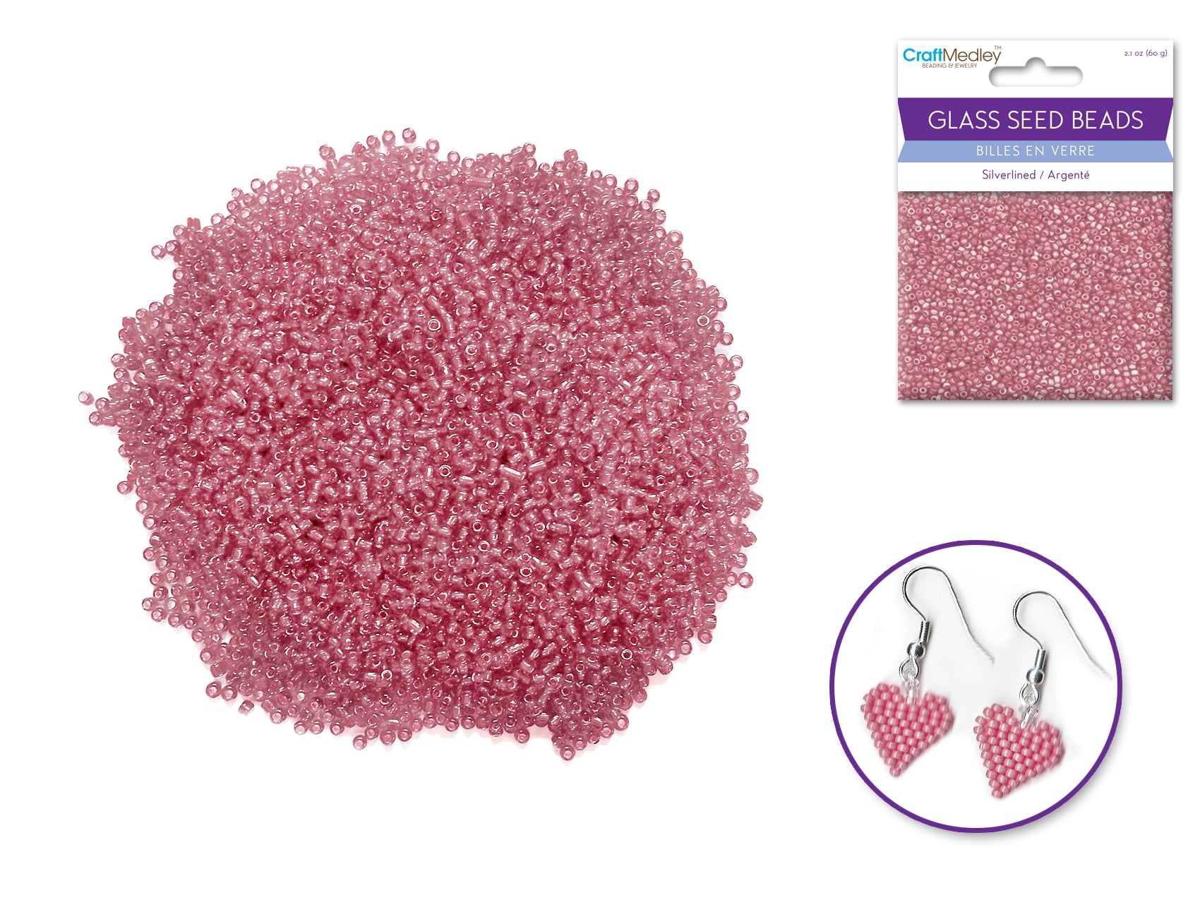 Glass Seed Beads, 12/0, Silverlined, Pink