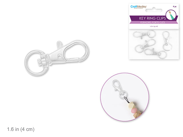 Silver Key Ring Clips with Swivel Ring, 4 Pack