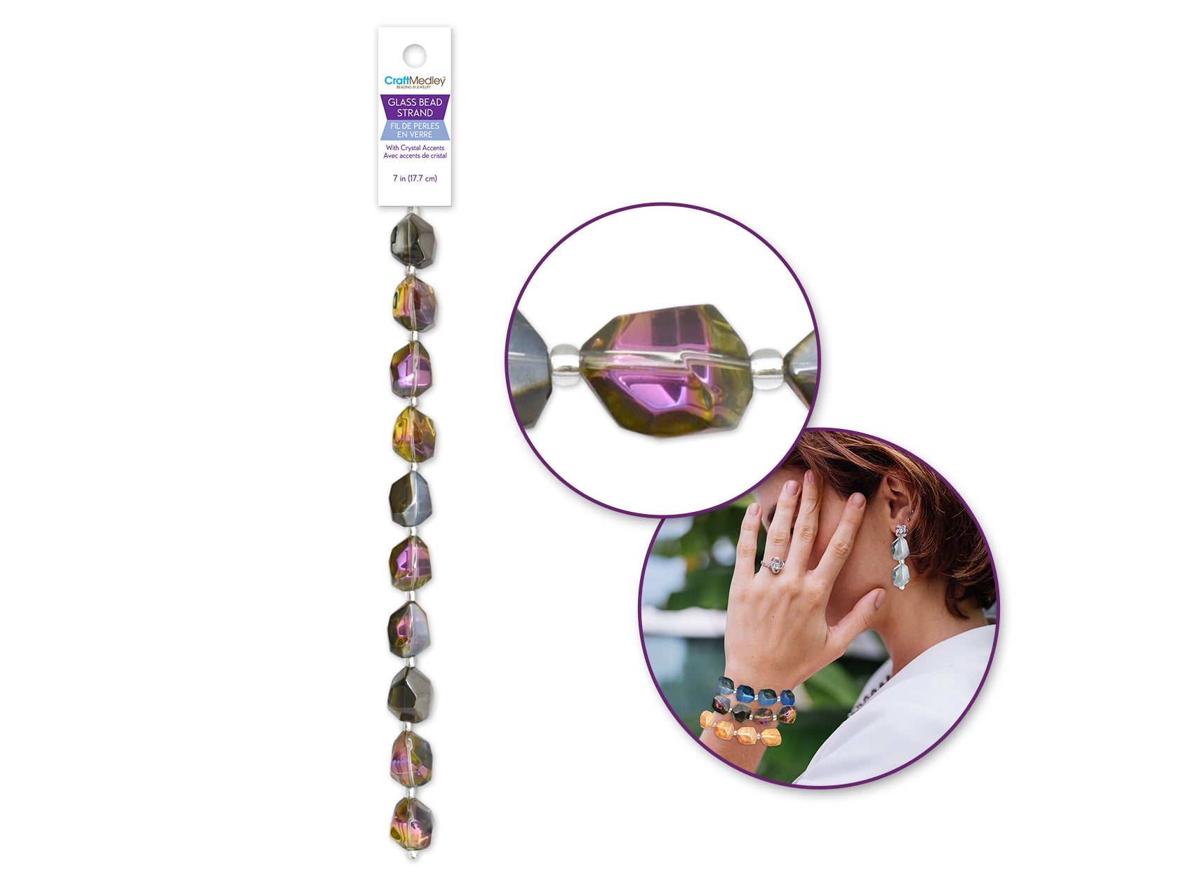 Amethyst Oblong Glass Bead Strand with Crystal Accent