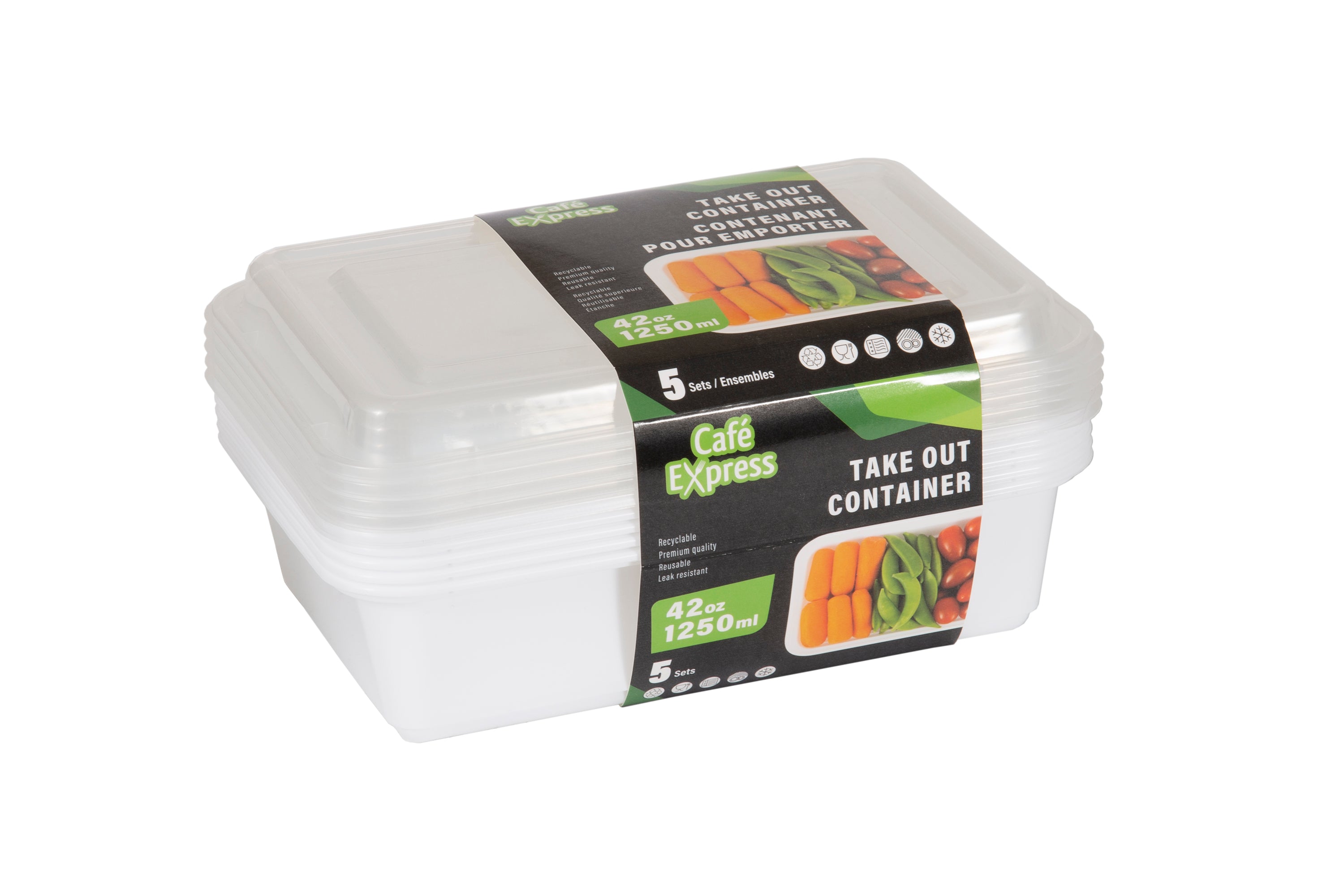 Rectangular Take Out Pp Container 1250ml W/Lid 5/Pk