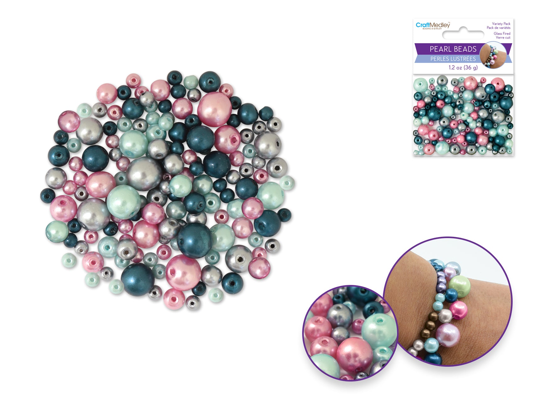 Glass Pearl Bead Assortment, 4mm-10mm, 4 Colors, 36g