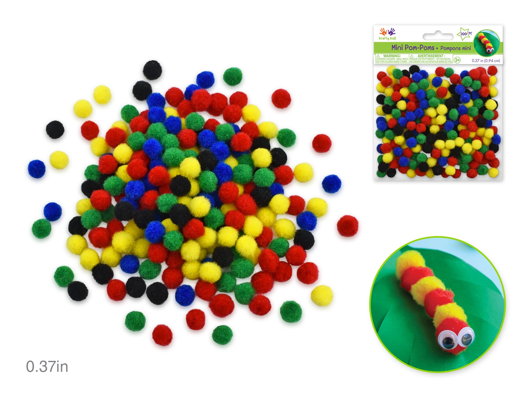 Krafty Kids Mini Pom-Poms, Primary Colors, 200 Count