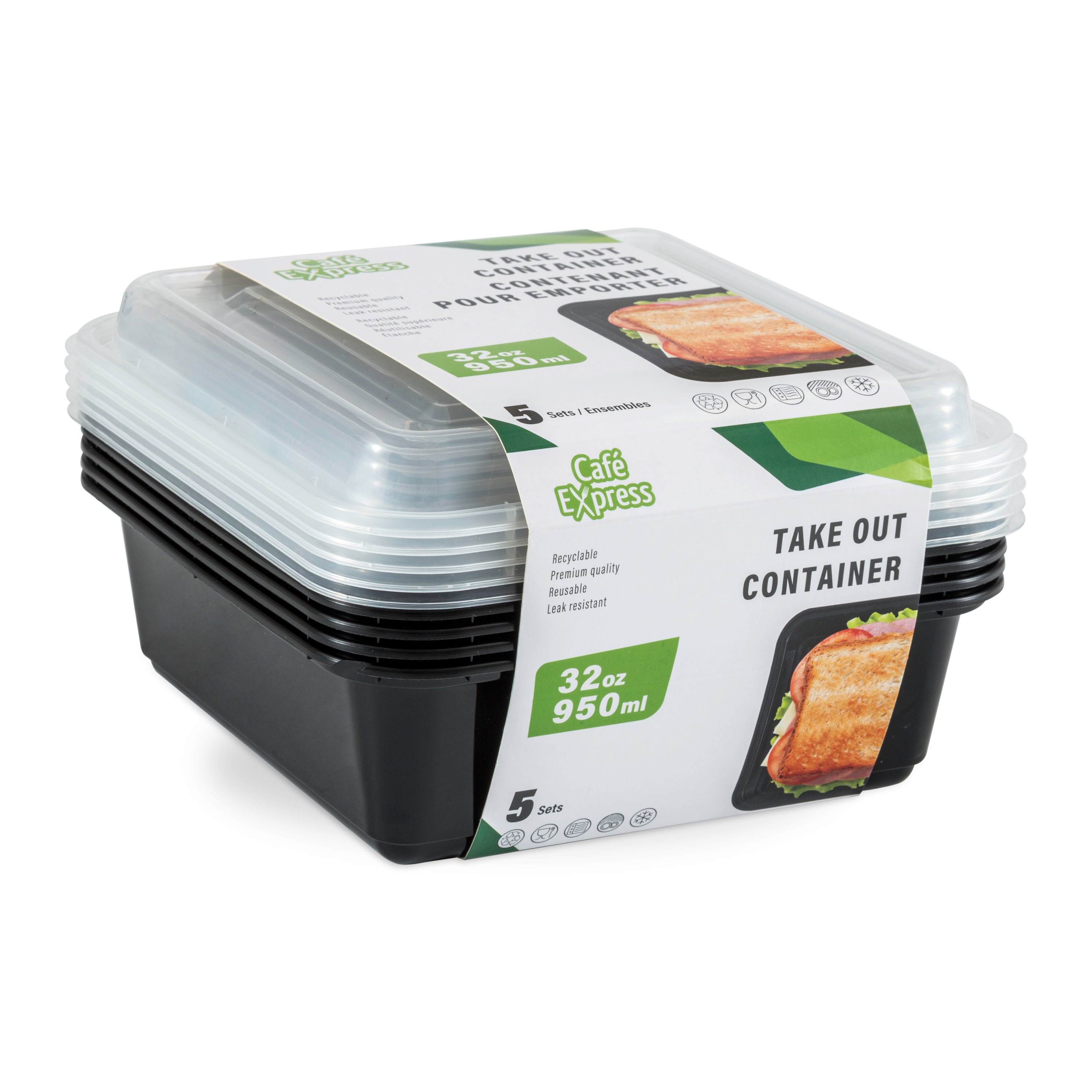 Square Takeout Container 950ml W/Lid 5/Pk