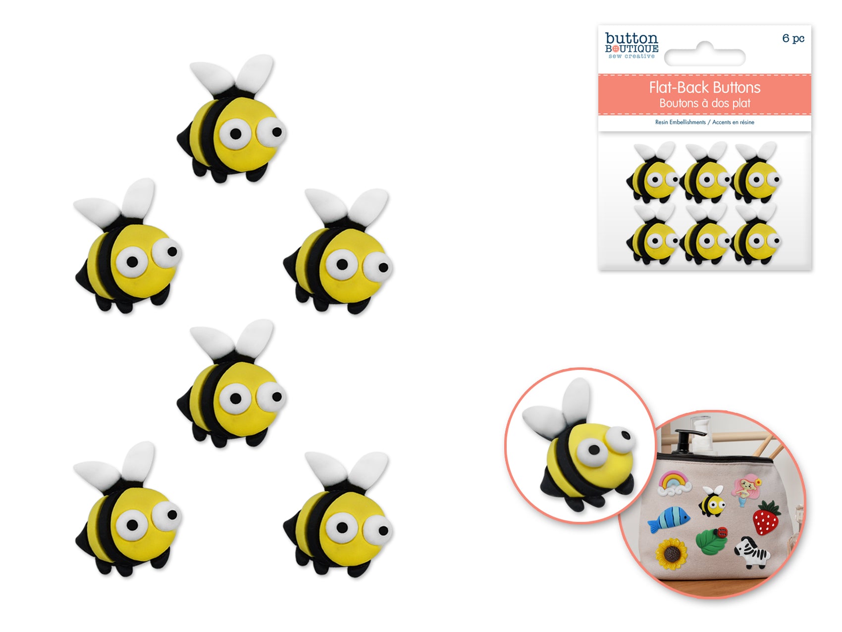 Bug-Eyed Bees Flat-Back Resin Buttons, 6 Pc