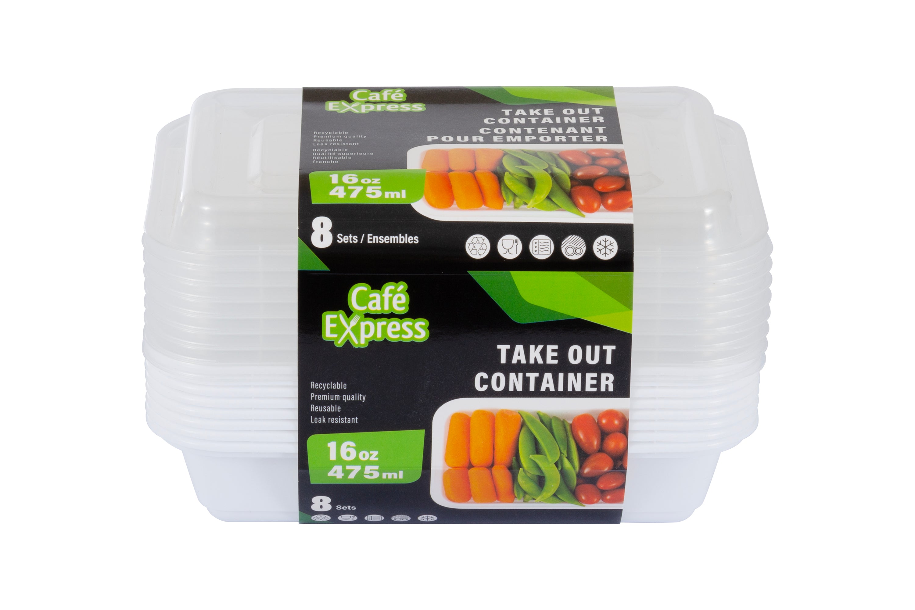 Rectangular Take Out Pp Container 475ml W/Lid 8/Pk