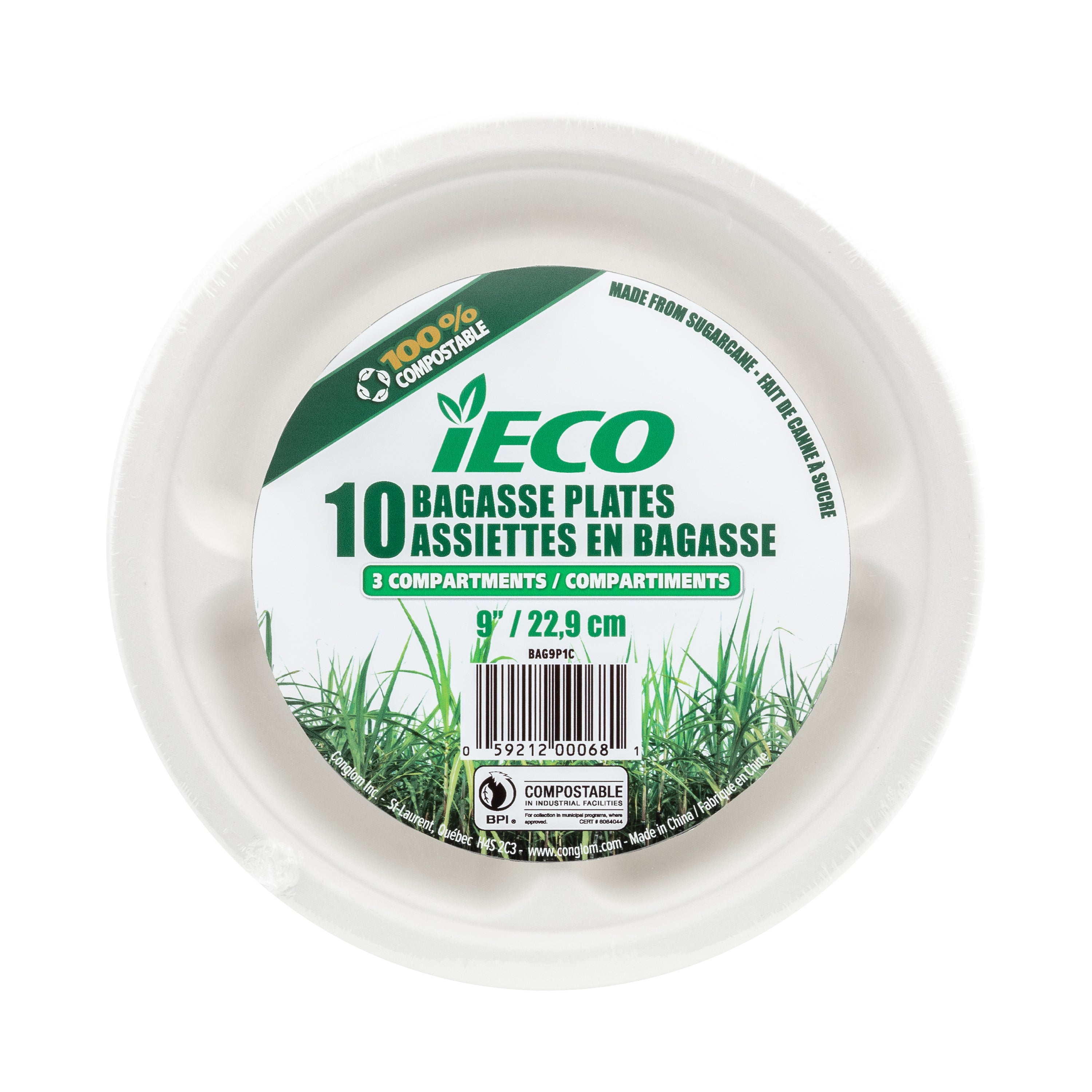 iEco 9" Bagasse Plate 3 Compartments 10/Pk