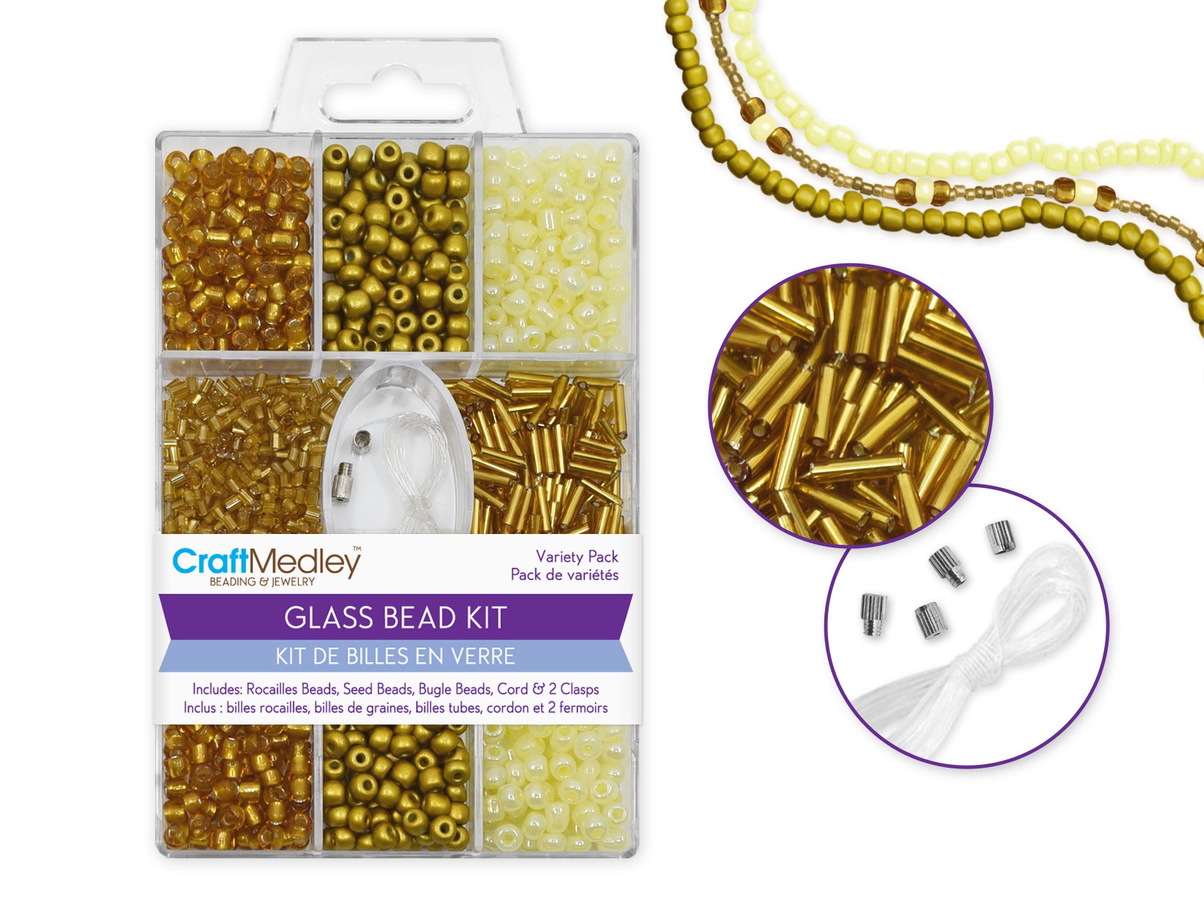 Gold Glass Bead Kit with Cord and Clasps