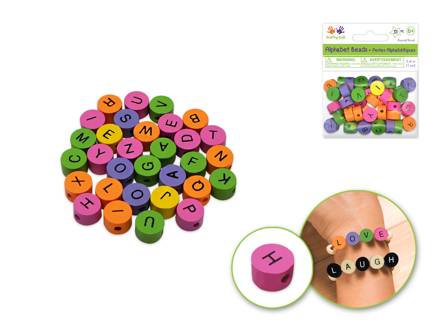 Wooden Alphabet Beads, 31 Count, Assorted Colors