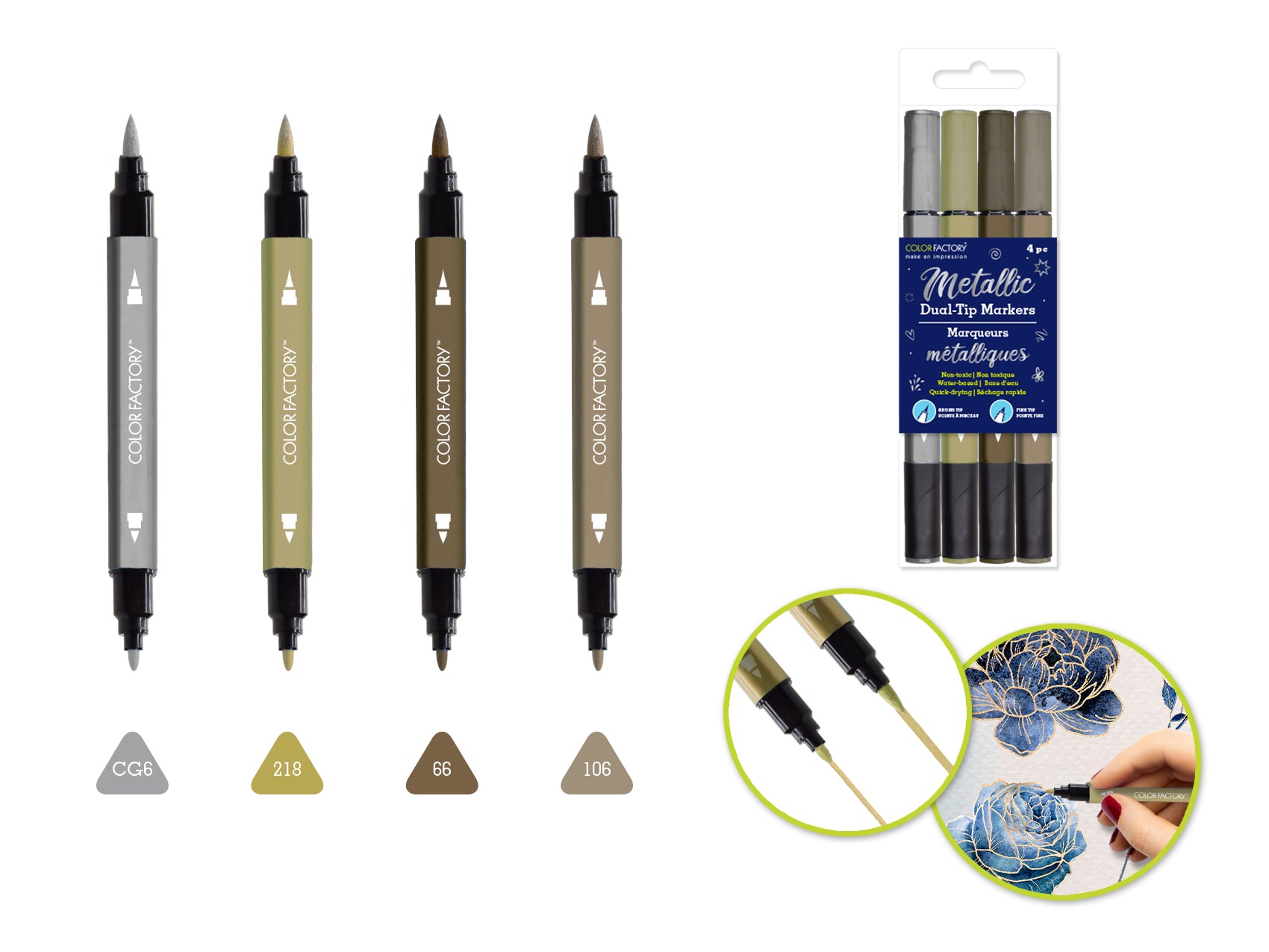 Color Factory: Metallic Dual-Tip Markers Fine+Brush 4pk Water Based