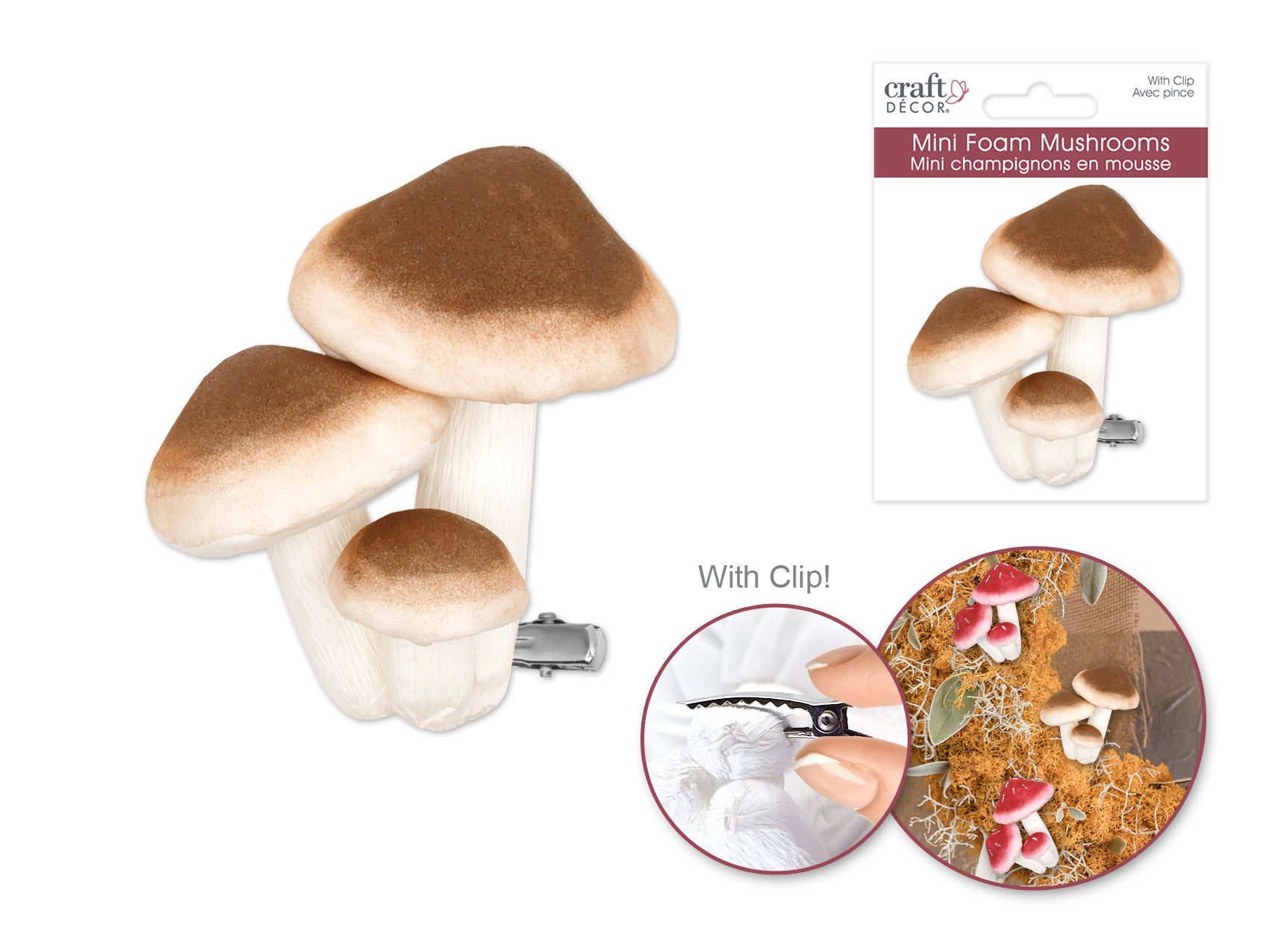 Craft Decor: Foam Mushrooms w/Clip 3pc Asst Size