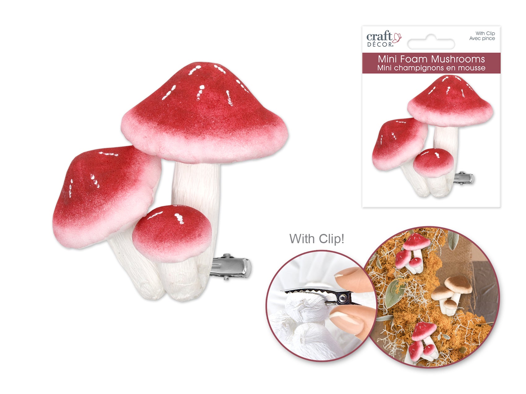 Craft Decor: Foam Mushrooms w/Clip 3pc Asst Size