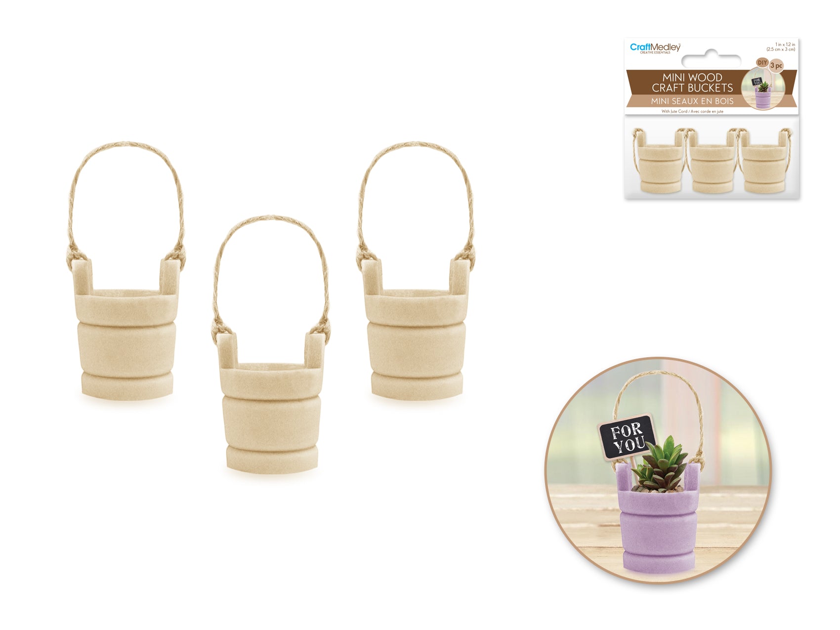 Wood Craft: 1"x1.2" Mini Well Bucket 3pc Routered w/Jute