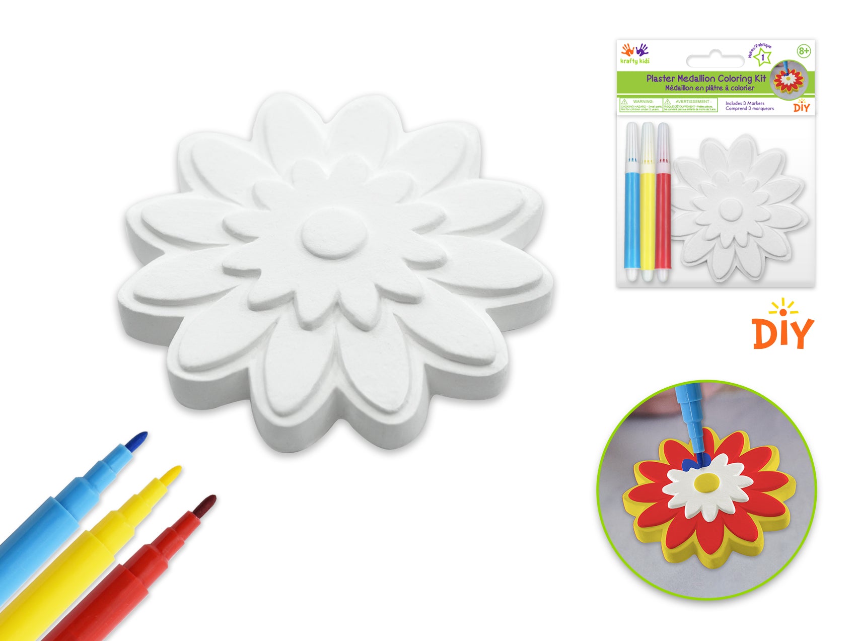 Krafty Kids Kit: 2.75" DIY Plaster Medallion Coloring Kit w/3 Markers