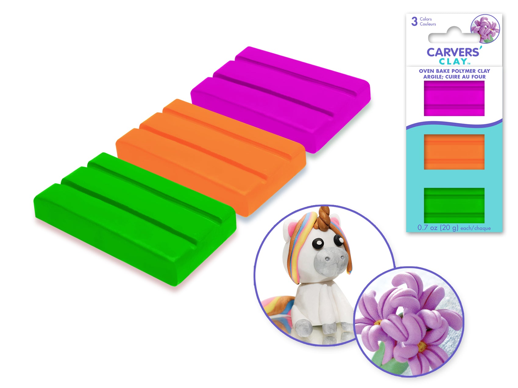 Carvers' Clay: 60g Assorted Polymer Oven-Bake Clay in 3 Neon Blast Colors, 20g Each