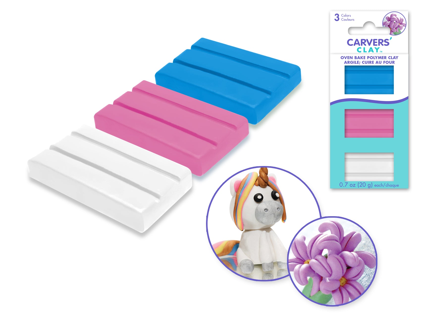 Carvers' Clay: Assorted 60g Polymer Oven-Bake in 3 Pastel Colors, 20g Each