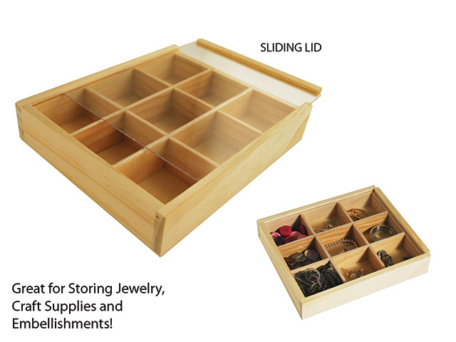 Natural Wood Craft DIY Keepsake Box with 9 Windows