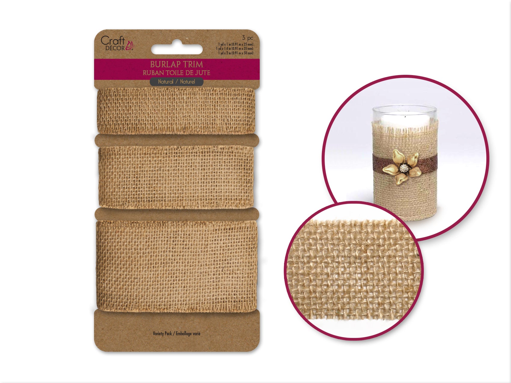 Craft Decor Ribbons: Variety Pack of Natural Burlap Trim, 3 Yards (1 Yard x 3)