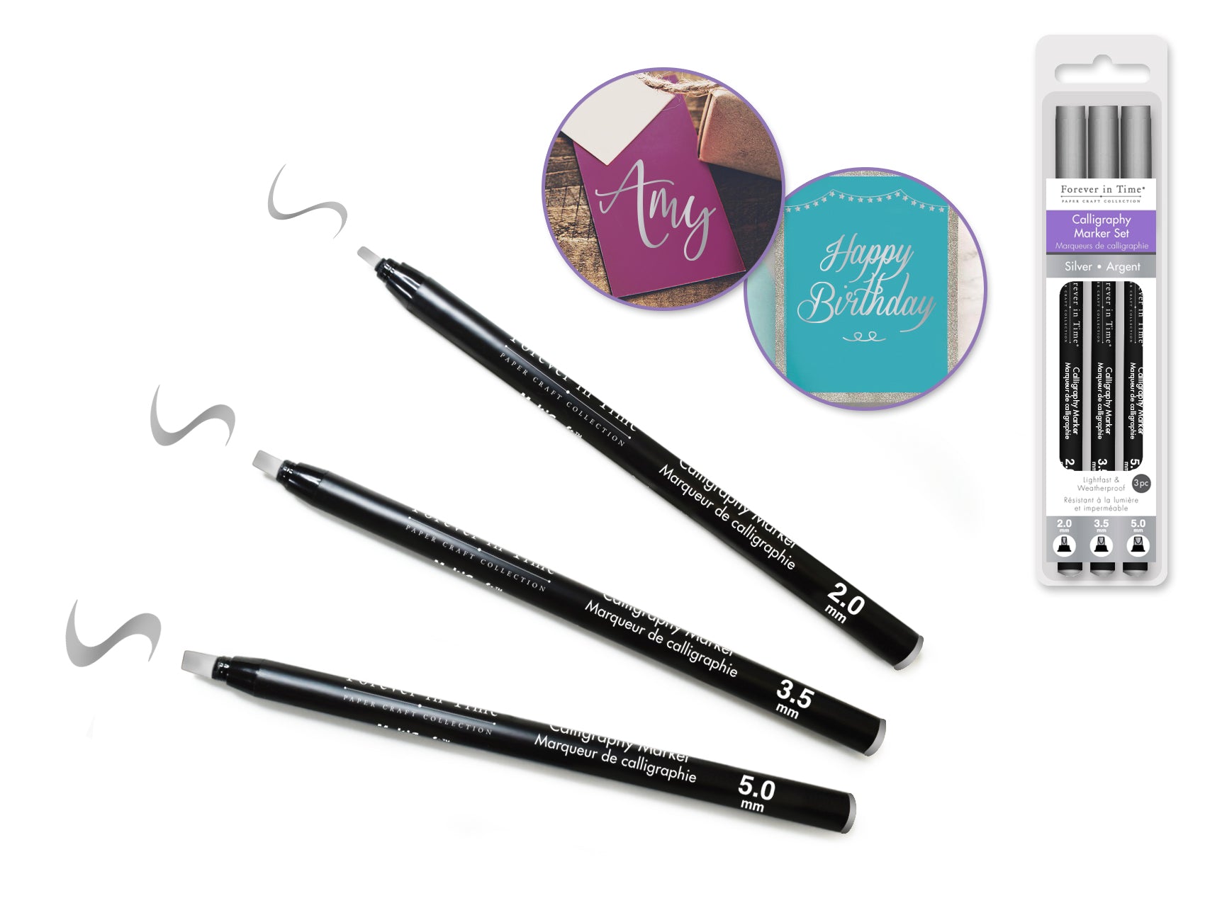 Calligraphy Marker Set 3pc 2.0/3.5/5.0mm in Silver - Essential for Paper Craft