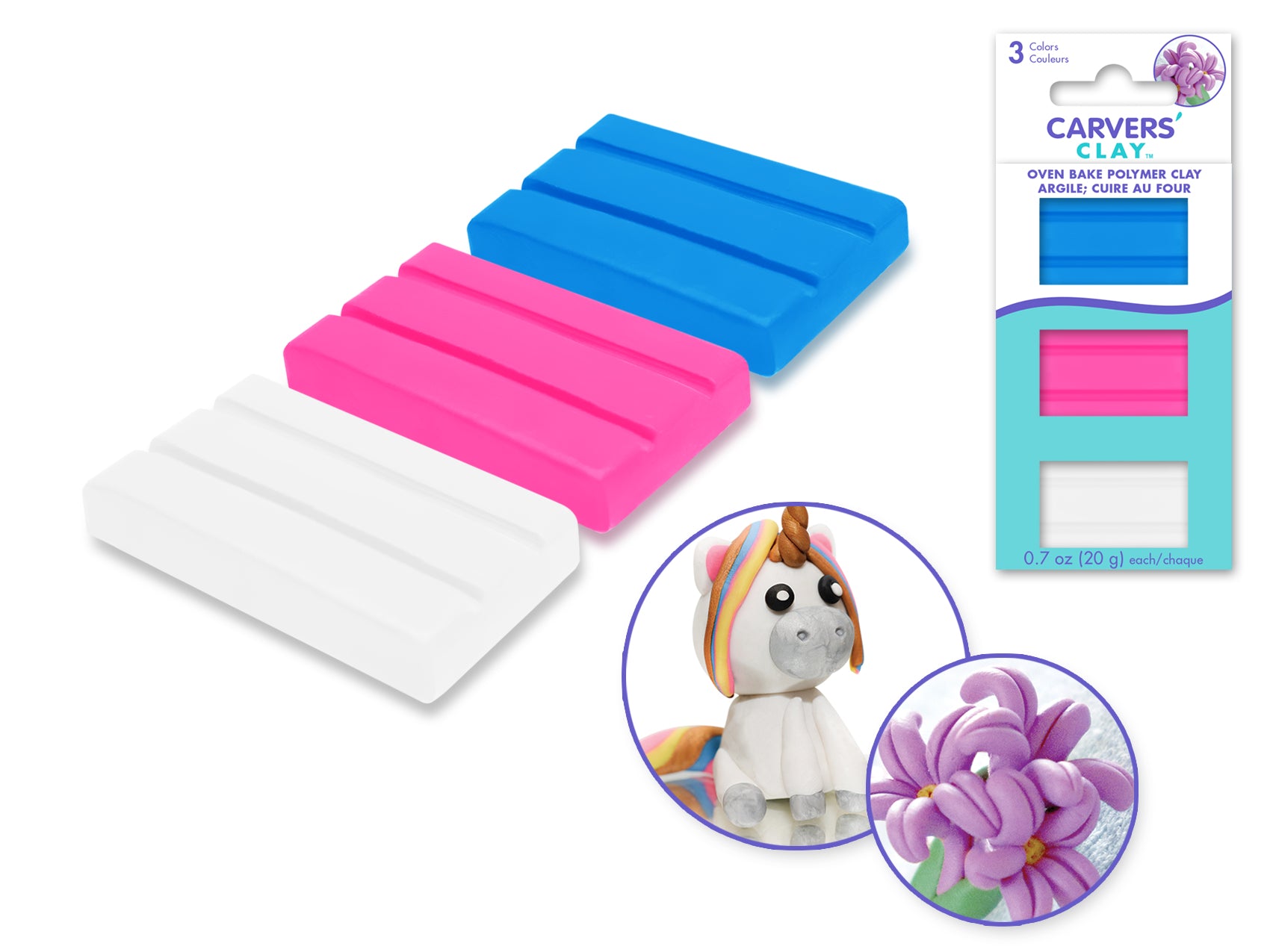 Carvers' Clay: 60g Polymer, Oven-Bake, Assorted 3-Colors, 20g Each, Vivid