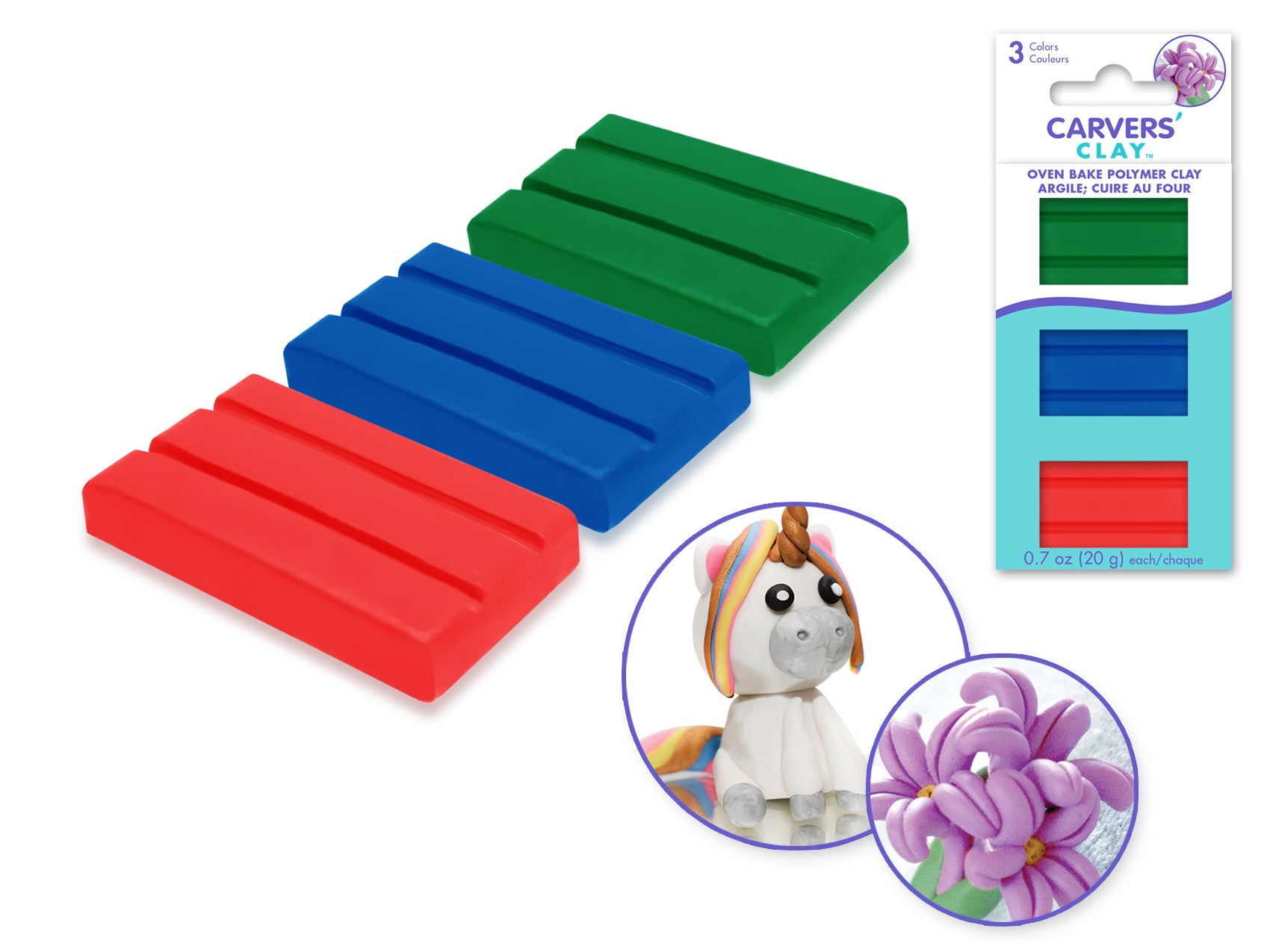 Carvers' Clay: 60g Assorted Polymer Oven-Bake in 3 Primary Colors, 20g Each