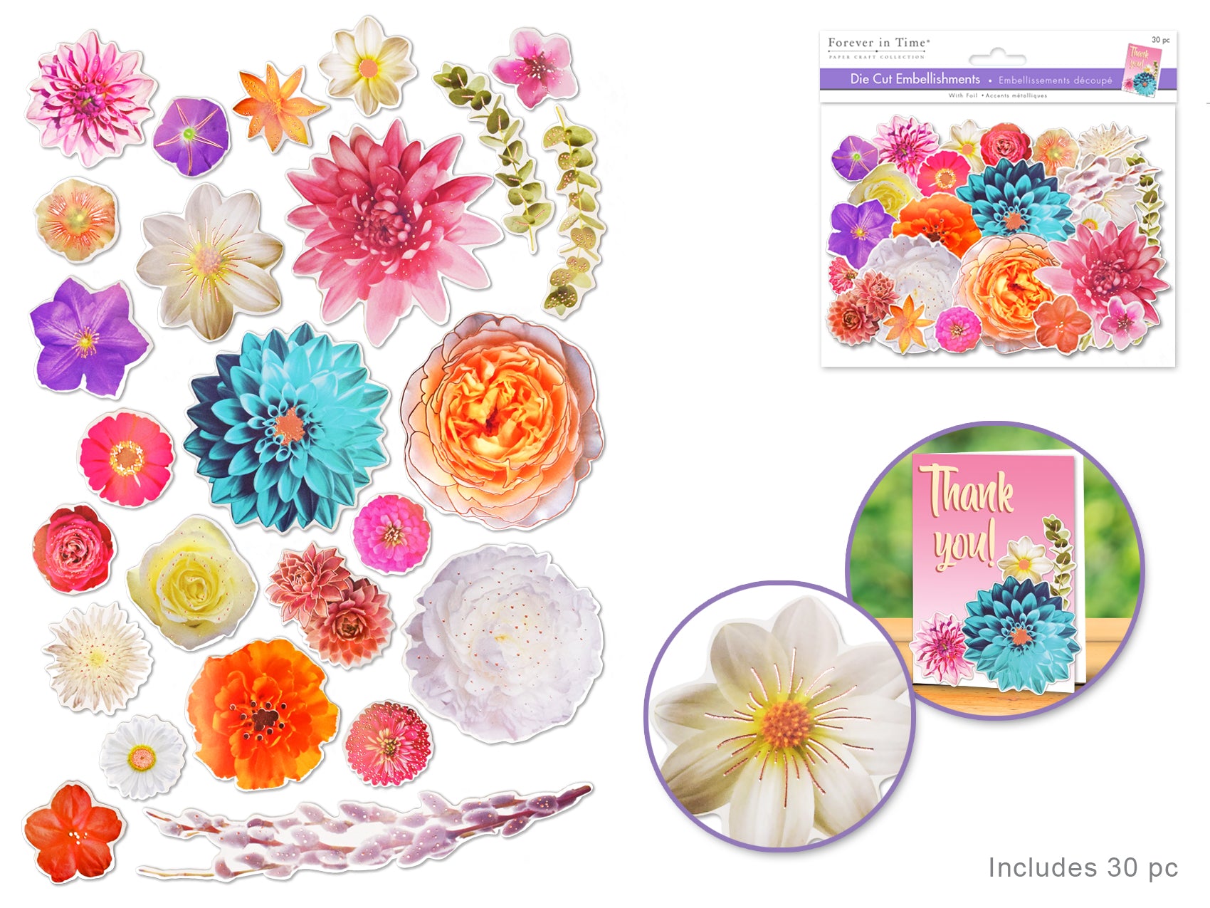 Floral Die Cuts with Foil Accents for Paper Craft Embellishments