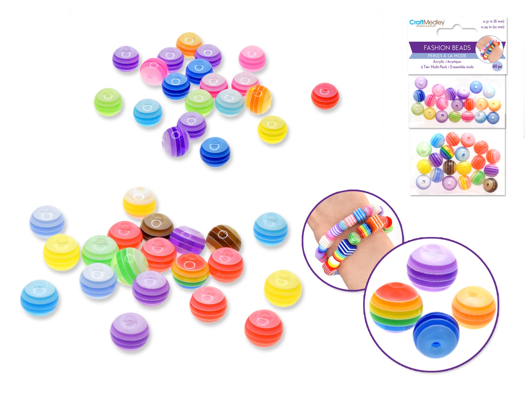 40-Piece Round Acrylic Fashion Beads Multi-Packs
