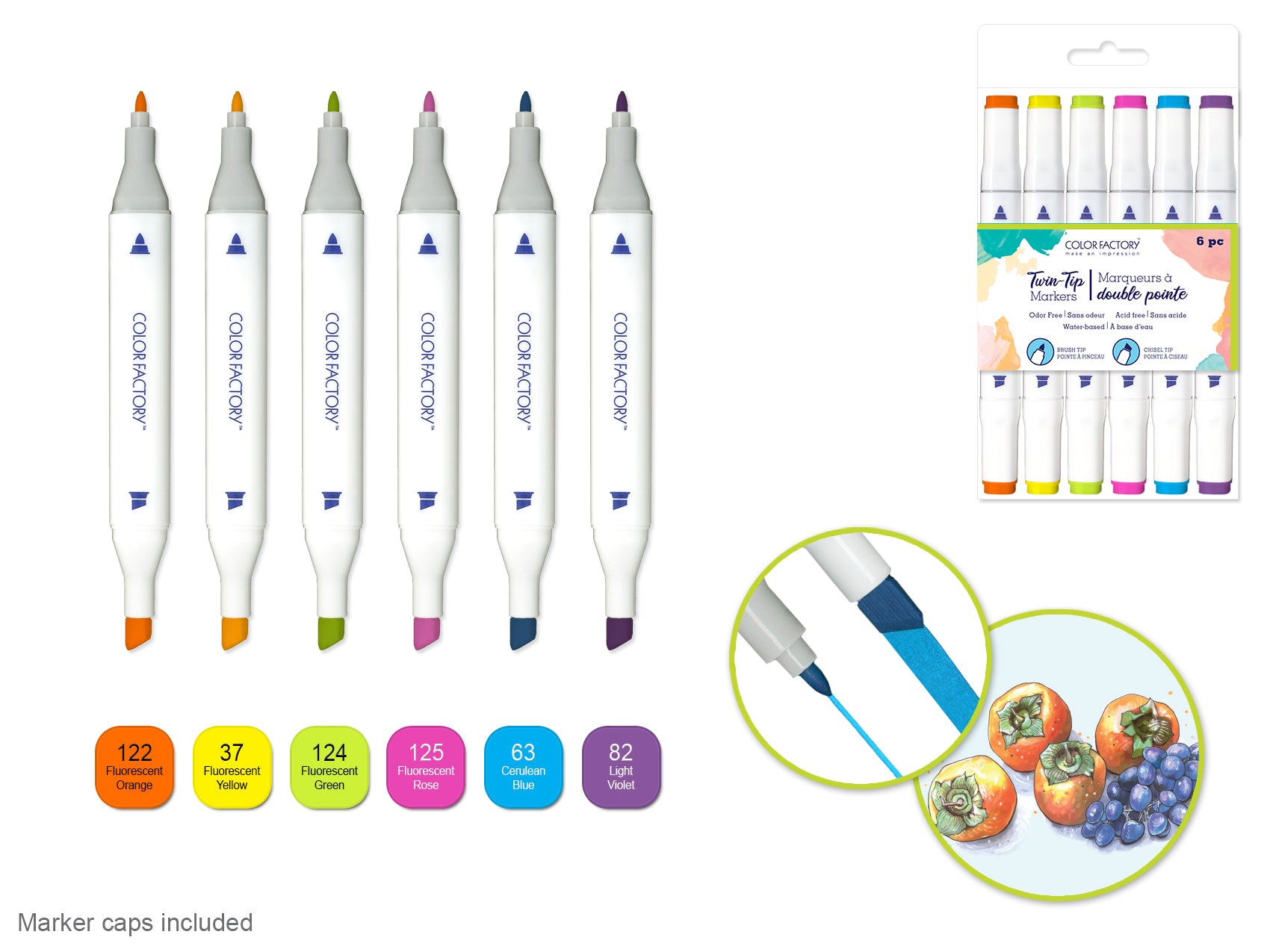 Color Factory Water-Based Twin Markers with Fine and Broad Tips, 6-Pack in Bright Colors
