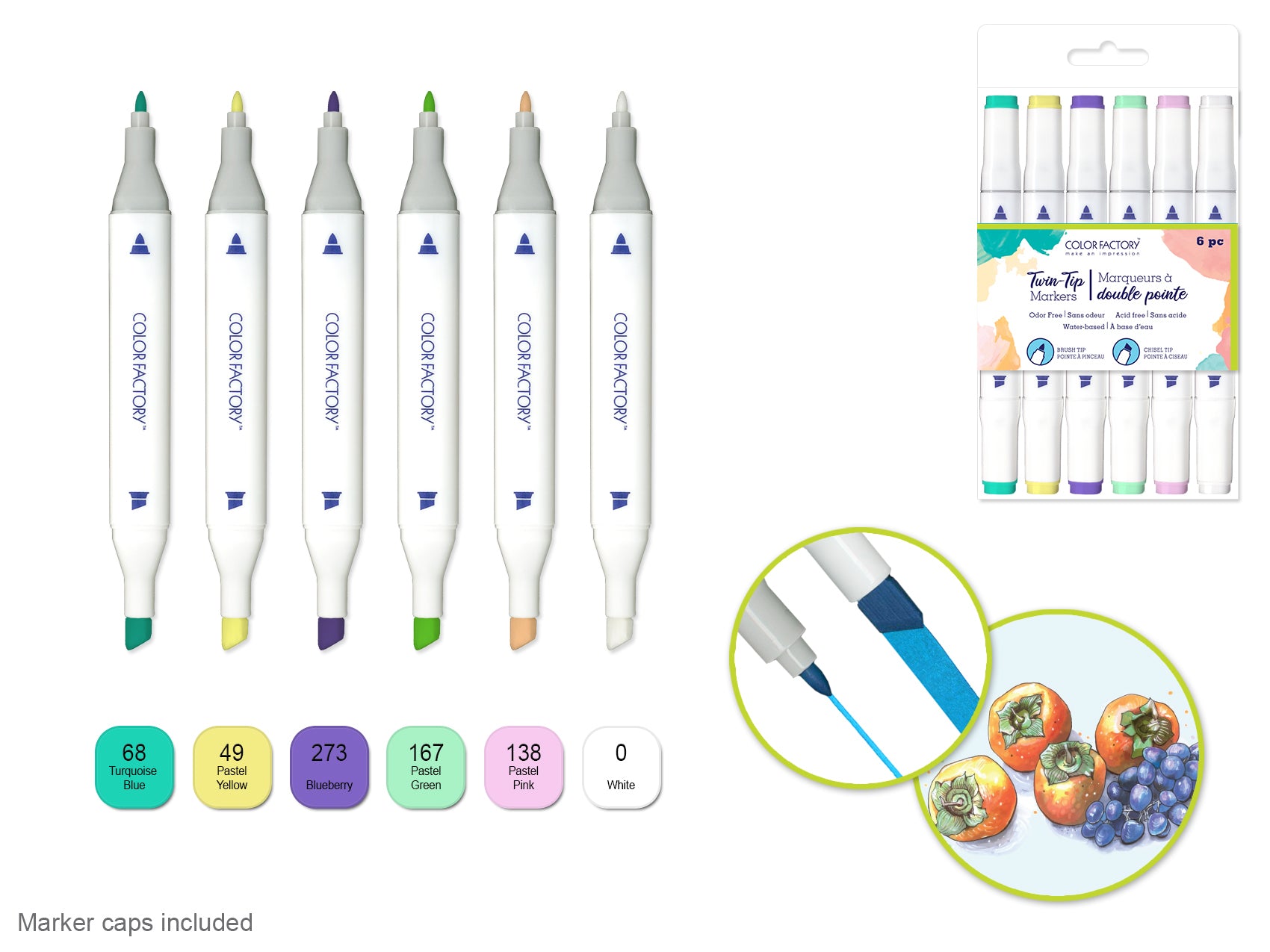 Color Factory Water-Based Twin Markers with Fine and Broad Tips, 6-Pack in Pastel Shades