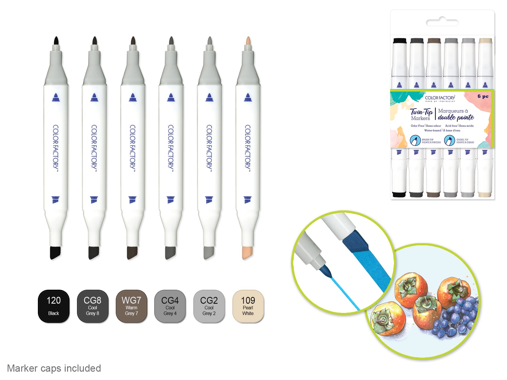 Color Factory Water-Based Twin Markers with Fine and Broad Tips, 6-Pack, Monochrome