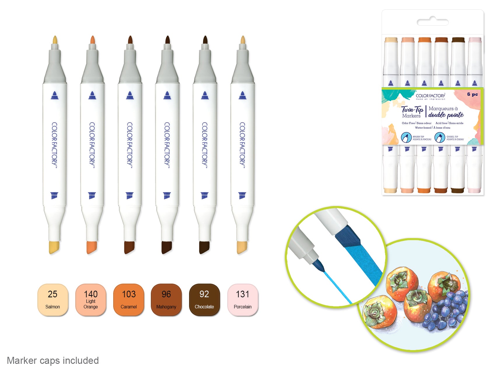 Color Factory Water-Based Twin Markers with Fine and Broad Tips, 6-Pack, Skin Tones