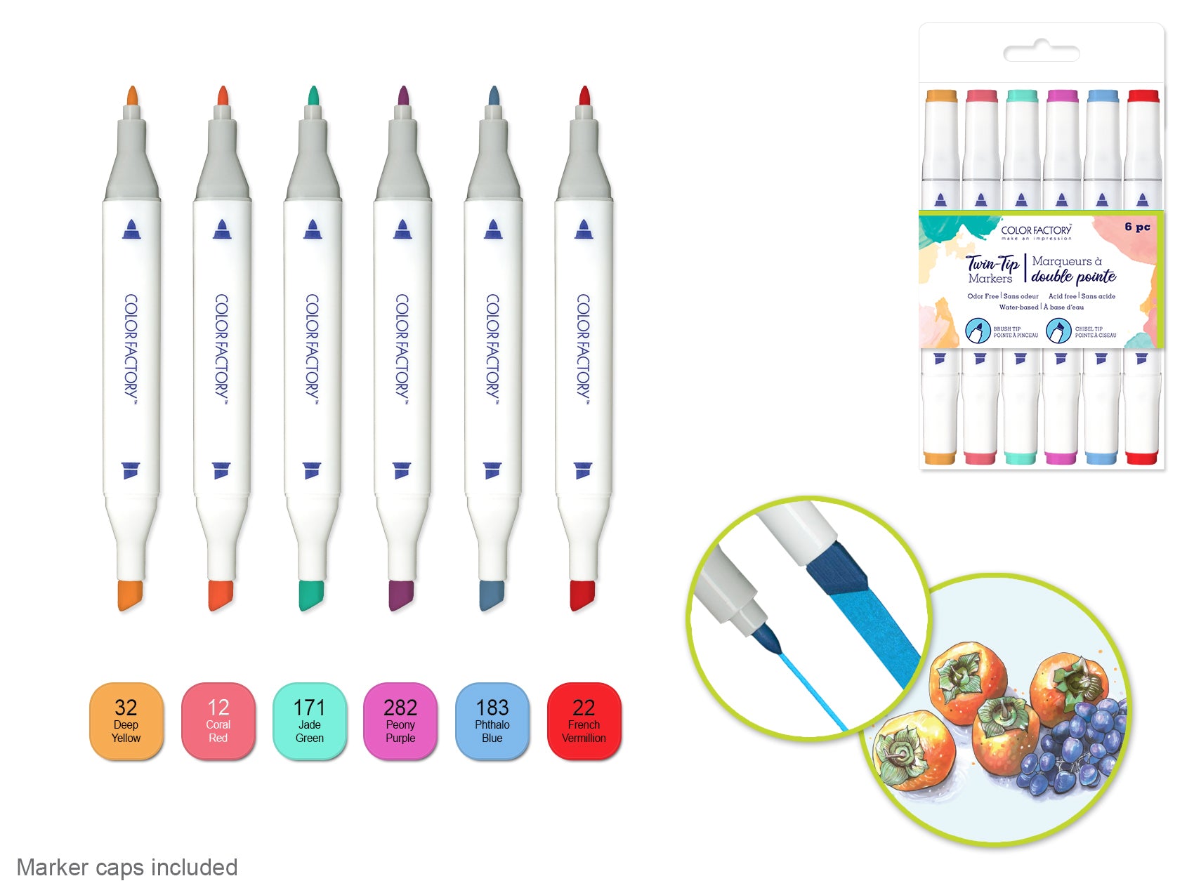 Color Factory Water-Based Twin Markers with Fine and Broad Tips, 6-Pack, Glamour Series