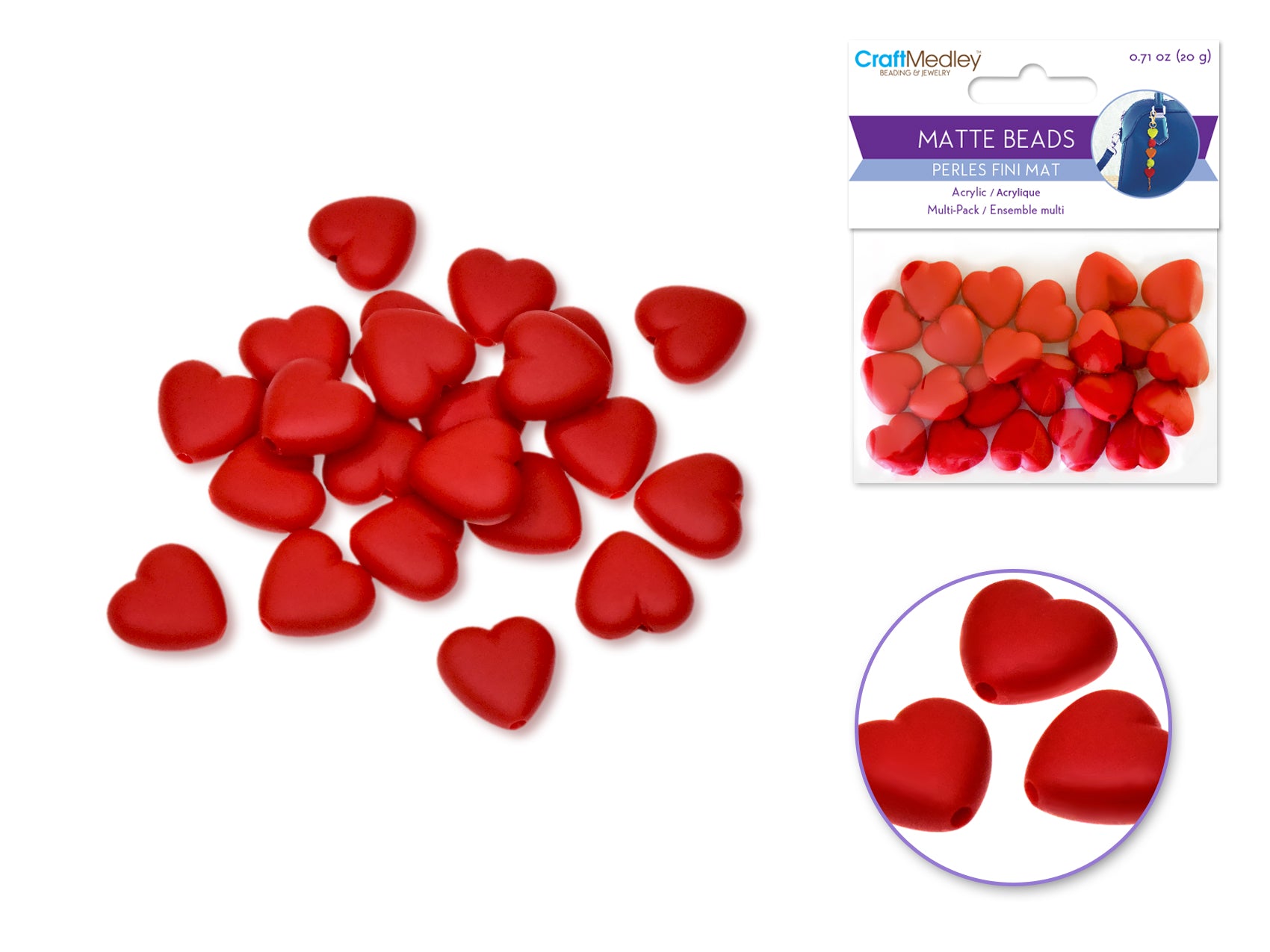 Matte Finish Acrylic Beads: 20g Multi-Packs in Heart Red