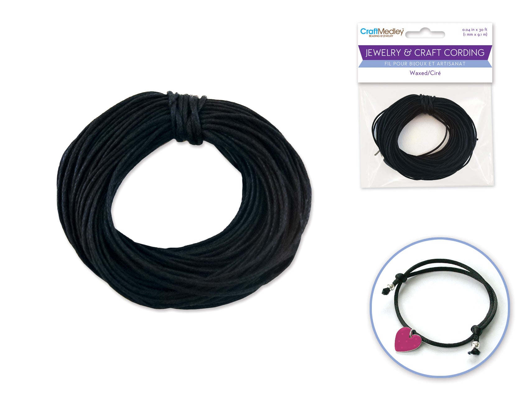 1mmx10yds Waxed Round Cord in Black for Jewelry and Crafts