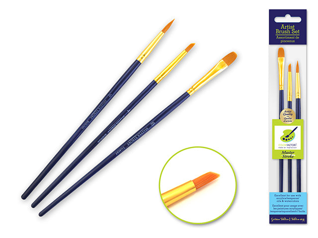 the Master Stroke Artist Brush Set x3 Versatility1 GoldenNylon Fil#8+Rnd#4+Stip#4