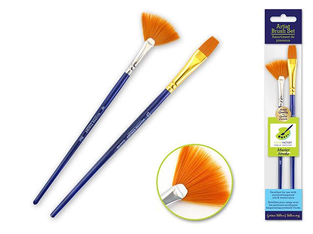 Master Stroke Artist Brush Set - Double Pack with Golden Nylon Fan #4 and Flat #12