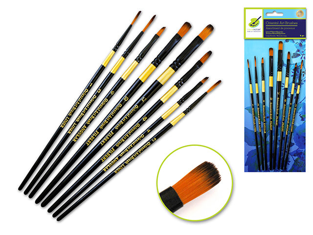 the Oriental Art Inspired Artist Brush Set with 8 Wood Handles, including Liner, Filbert, and Angular Brushes.