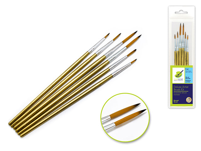Deluxe 6-Piece Nylon Round Artist Brush Set with Wood Handle, Including 2 Each of #20/0, #10/0, and #1