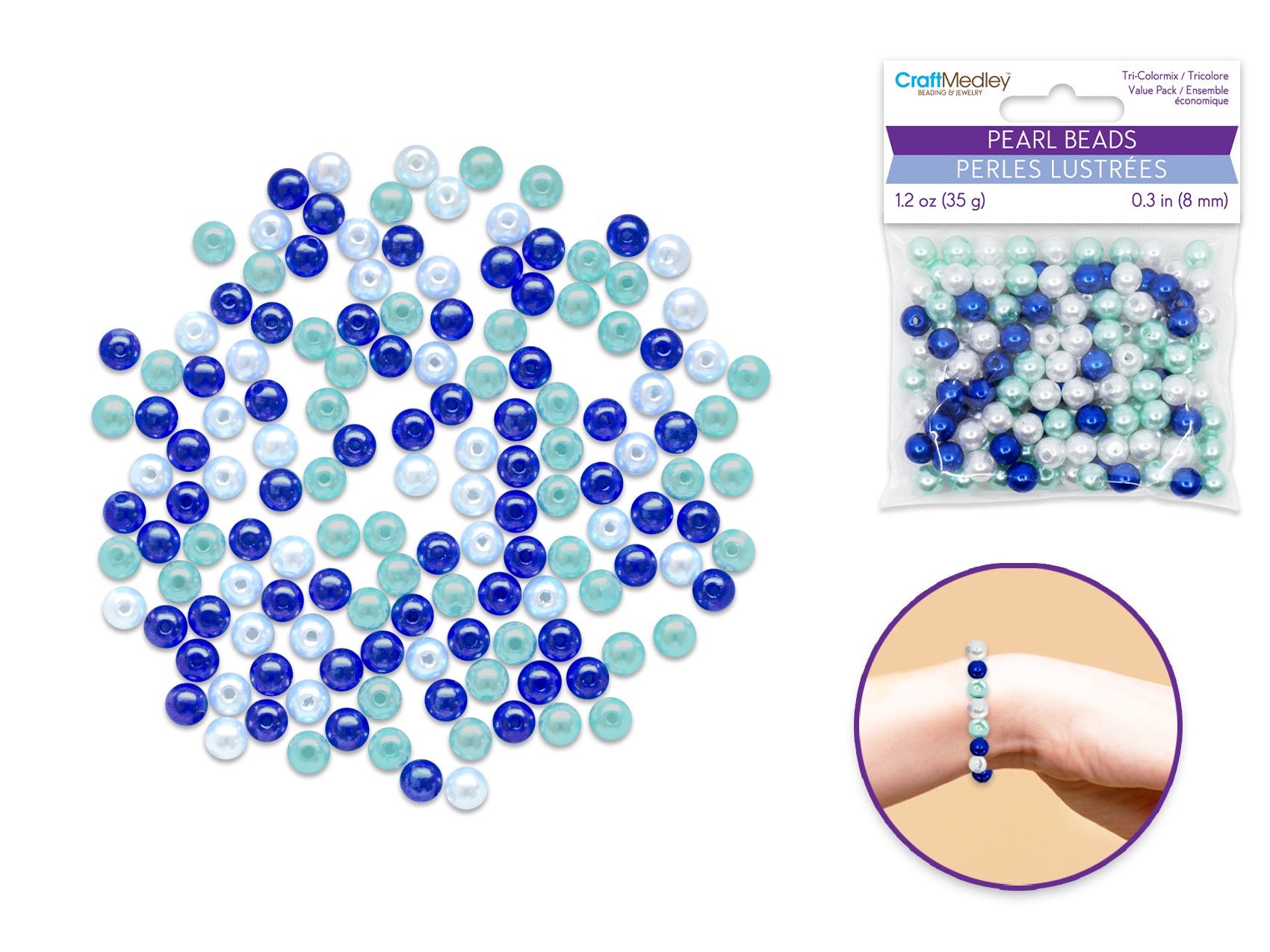 8mm Gloss Tri-Color Mix Pearl Beads, 35gms, Blue Variant