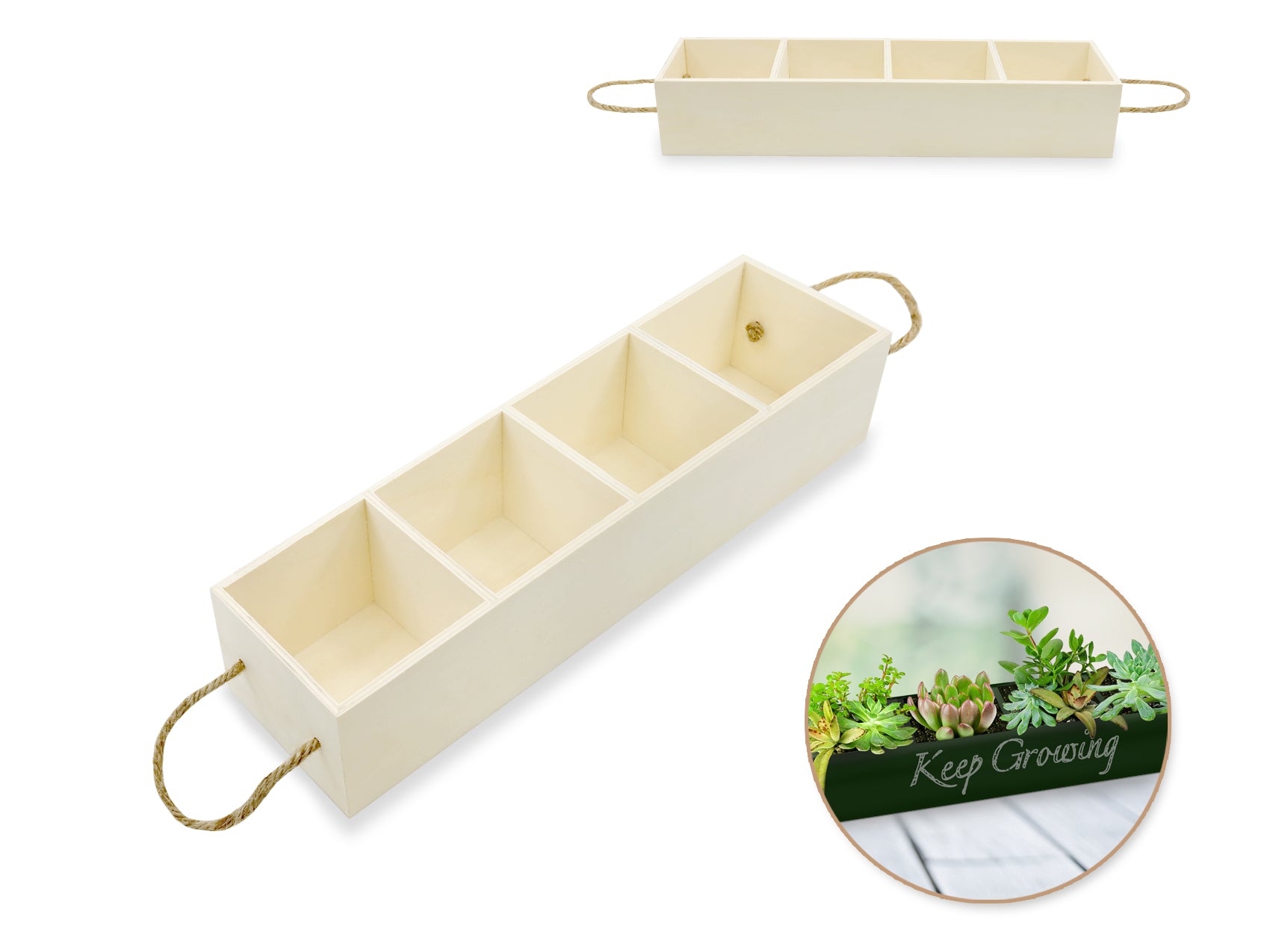 Wooden Craft DIY Storage Tray (12.6x3.35x2.3") with 4 Compartments and Rope Handle