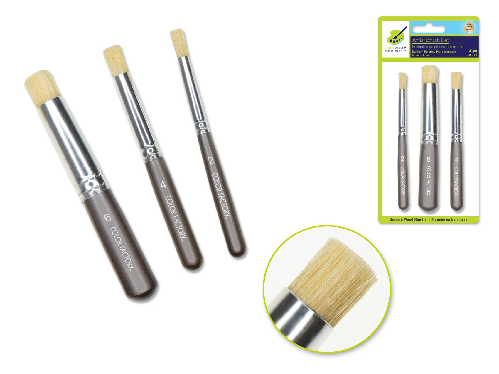 Stubbies' Artist Brush Set with Smooth Wood Handle, Round Bristle #2/4/6, Pack of 3