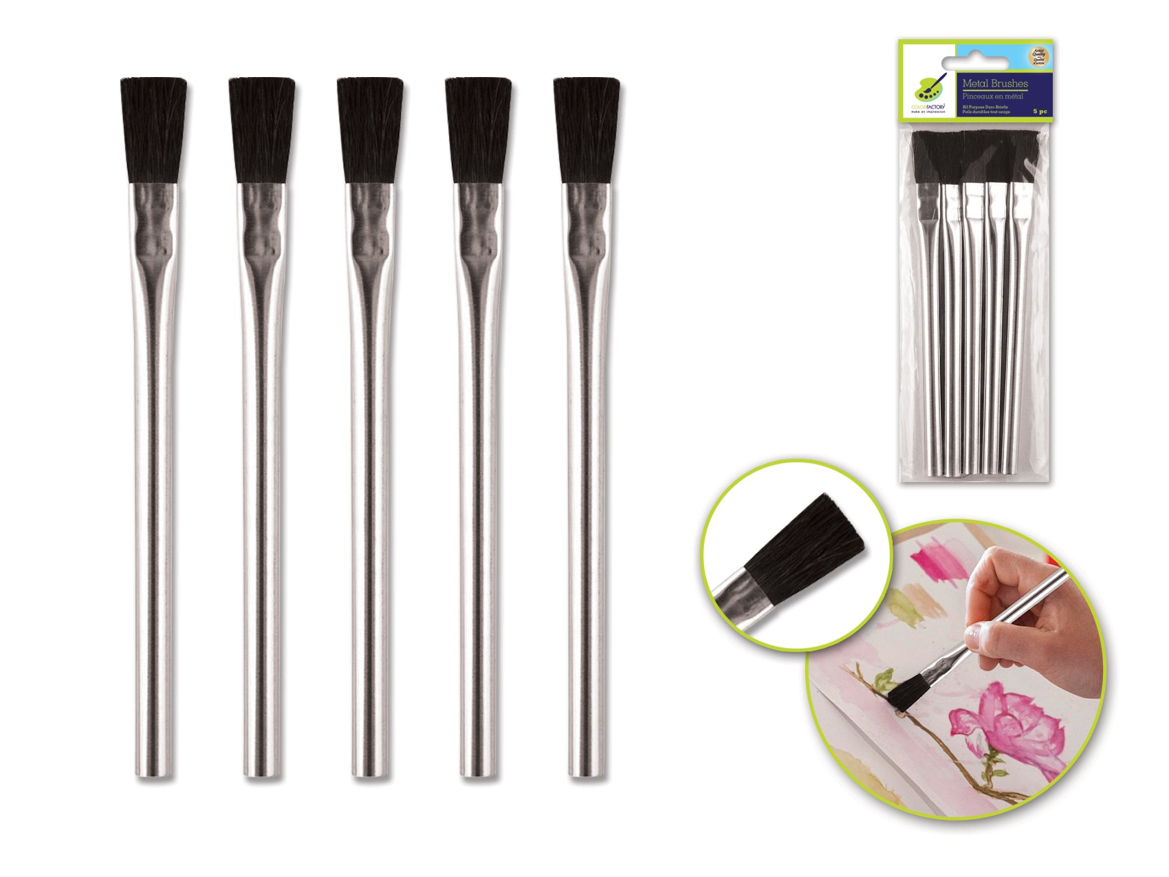 Color Factory Metal Duro-Bristle Brush Set: 5 Pack All-Purpose Artist Brushes