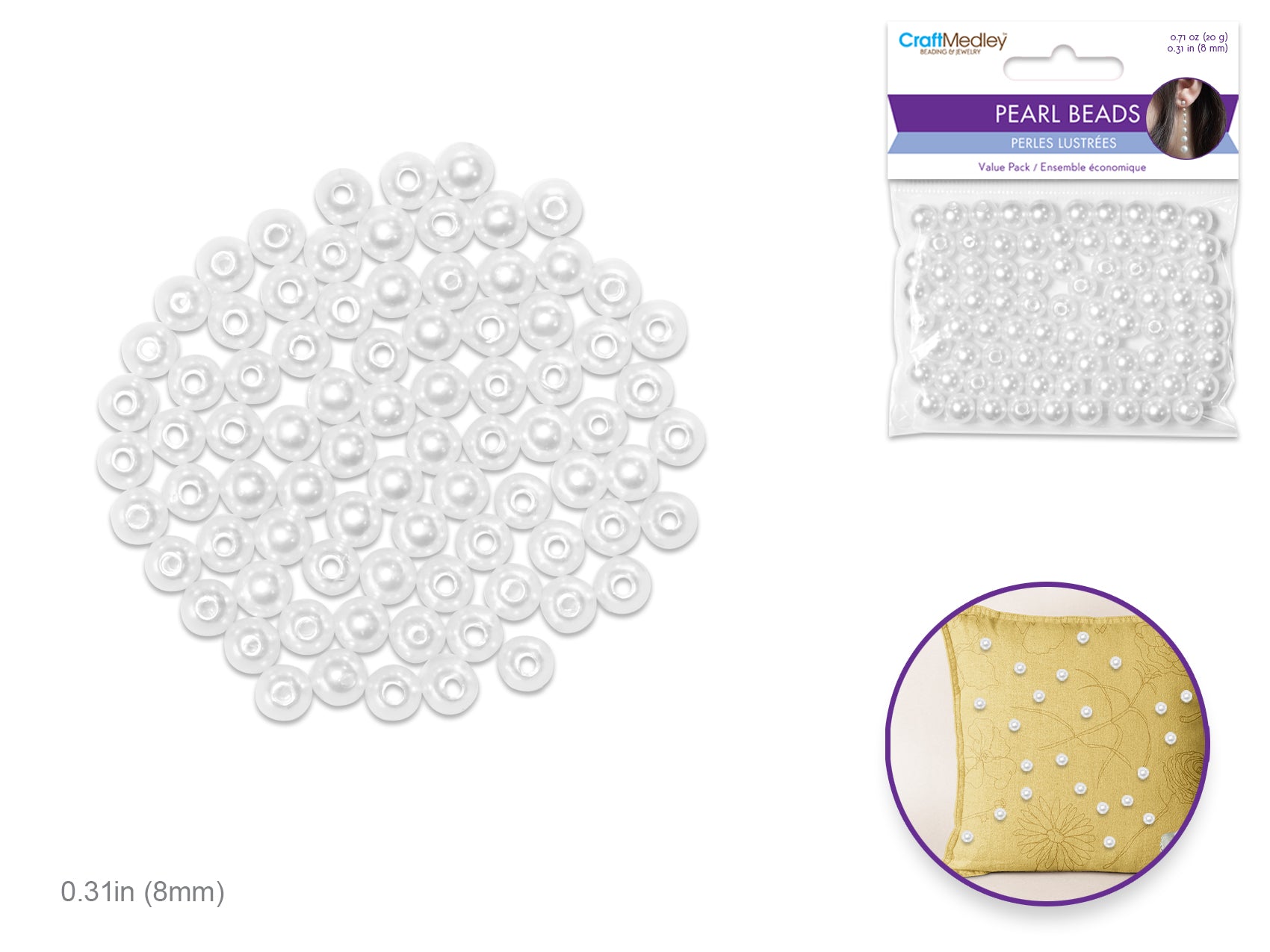 Acrylic Sleek White Pearl Beads Value-Pack E, 8mm, 80pc