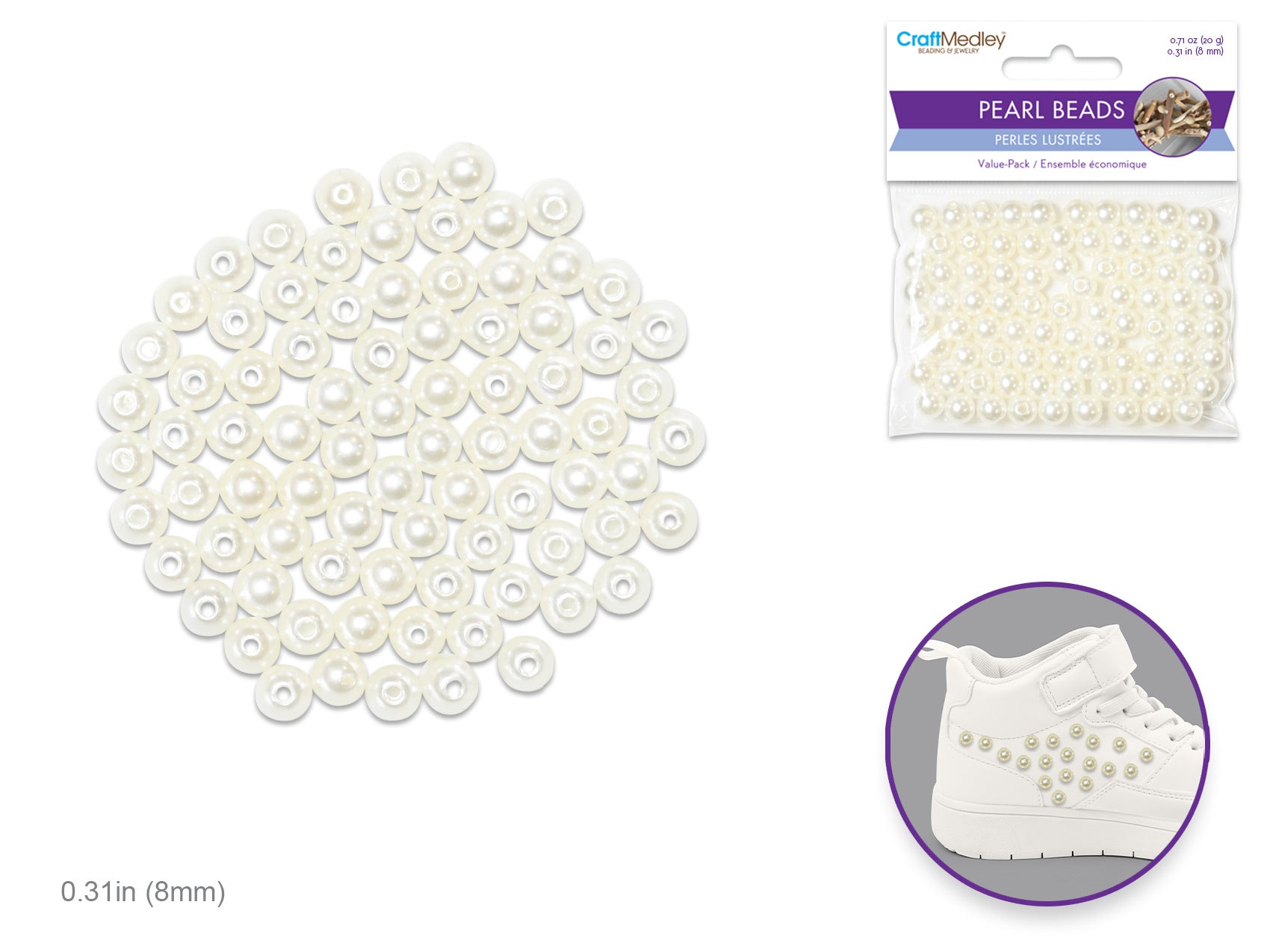 Acrylic Sleek Ivory Pearl Beads Value-Pack E, 8mm, 80pc