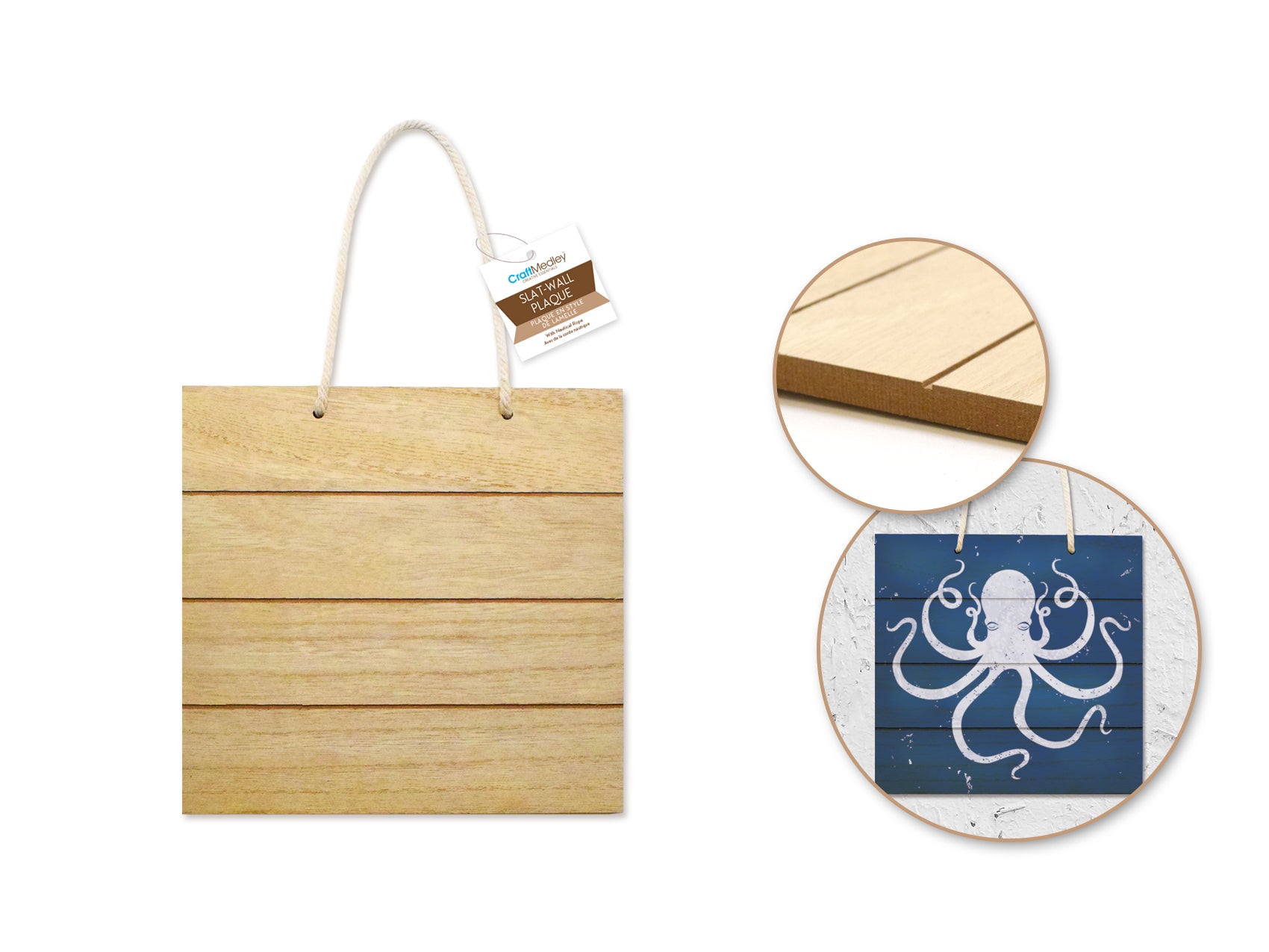 7.75" DIY Slat-Wall Hanger Plaques with Nautical Rope, Square Wood Decor