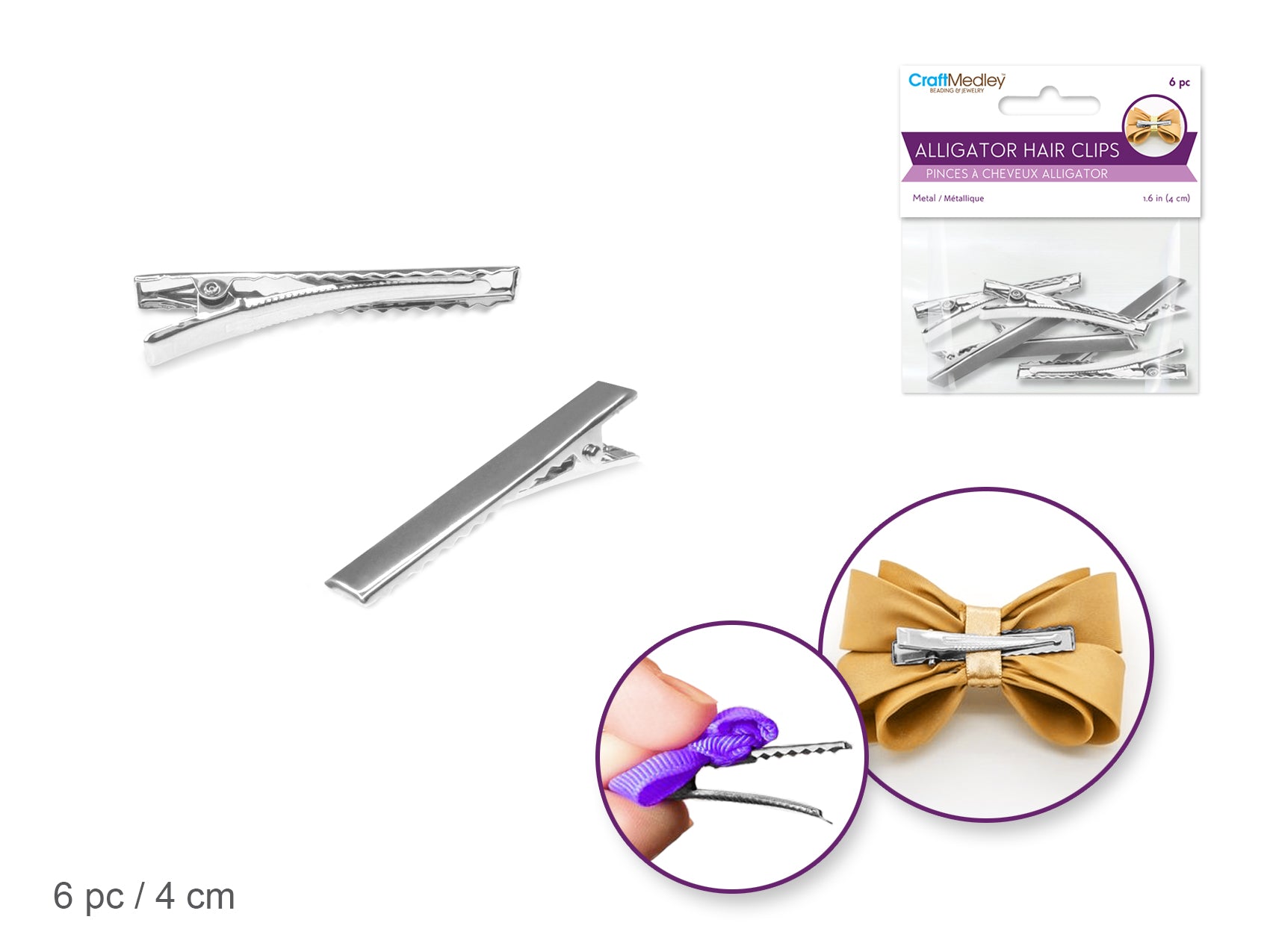 Silver Metal Alligator Hair Clips, 4cm, 6pc Set in Jewelry Findings