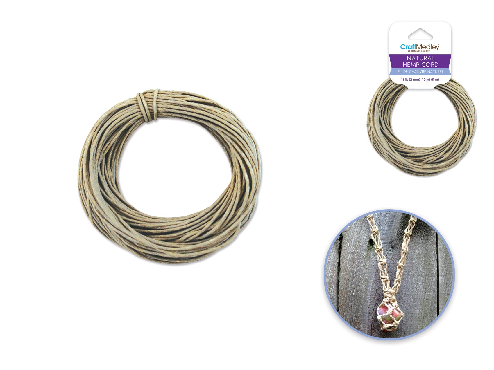Natural Hemp Cord: 48lb (2mm) with 10 Yards per Hank