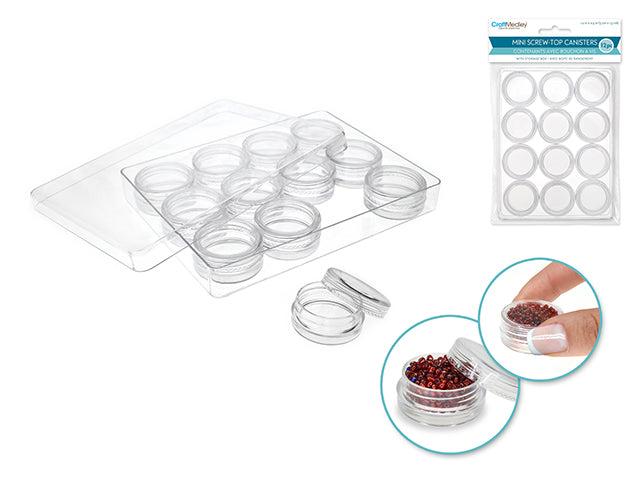 Craft/Bead Storage: Set of 12 Screw-Top Mini Canisters (3x1.3cm) in Storage Box