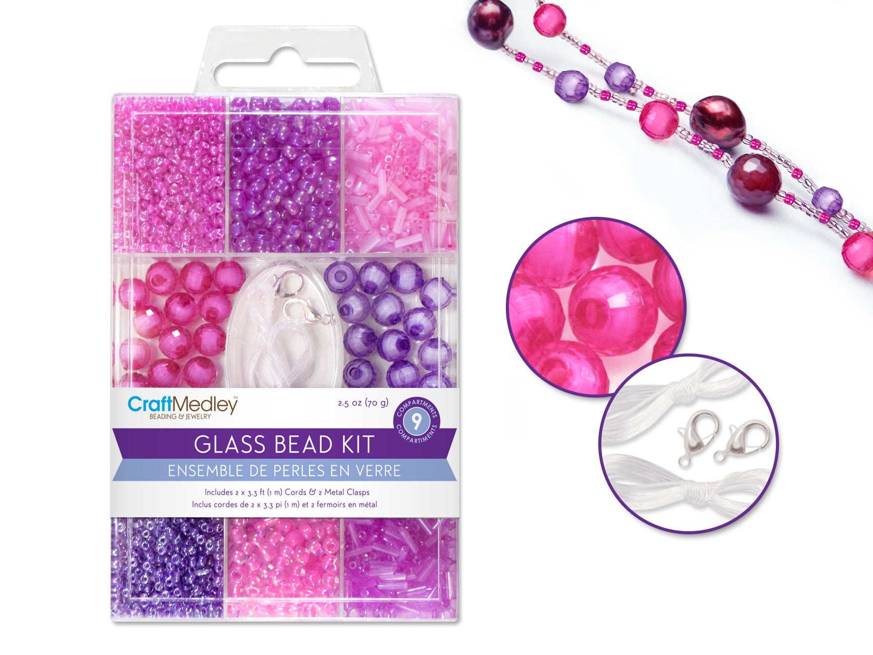 Glass Bead Kits: 9-Component Multi-Pack with Cord and Clasps, 70g, Color Blush